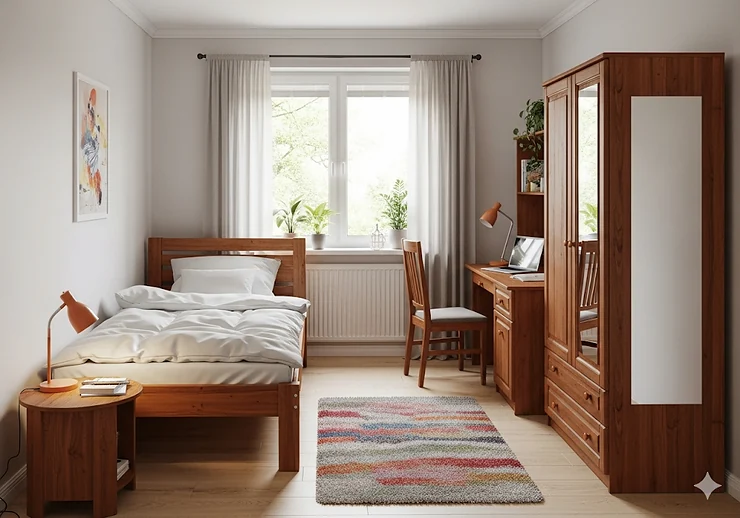 A photo of a small bedroom, expertly arranged with compact cherry furniture to maximize the space.