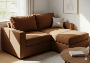 Small brown sectional sofa that fits perfectly in a compact apartment or studio space.