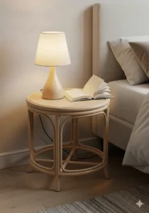 A simple, round rattan nightstand holding a lamp and book, perfect as a lightweight side table for any bedroom.