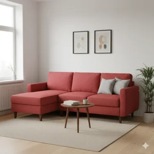 A compact red sectional sofa providing comfortable seating in a small apartment living room without taking up too much space.