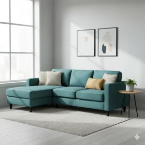 A space-saving small teal sectional sofa designed for a compact apartment or studio.