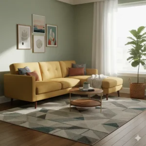 Compact vintage sectional sofa suitable for small apartments or living spaces, demonstrating a space-saving option.