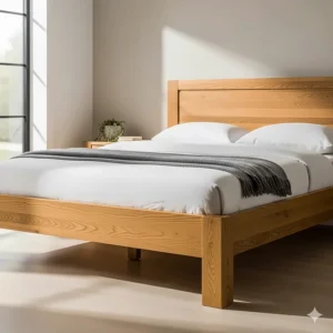 A sturdy and elegant solid oak bed frame with a simple headboard, showcasing the wood's natural grain and durability.