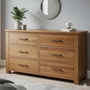 A six-drawer dresser made from solid oak, providing ample storage for clothes and accessories.