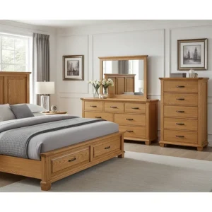 A complete solid oak king bedroom suite, showcasing a bed, dresser, and chest of drawers with a light, natural finish.