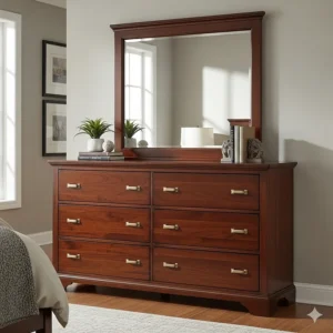 A solid wood dresser with six drawers, perfect for a king bedroom, highlighting the smooth, polished finish and sturdy hardware.