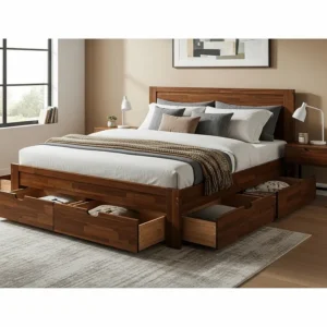 A solid wood king bed with built-in storage drawers underneath, providing extra space and functionality.