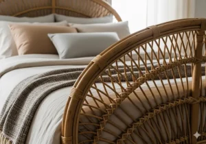 Close-up of a stylish arched rattan bed frame with neutral bedding, emphasizing the woven texture and craftsmanship.