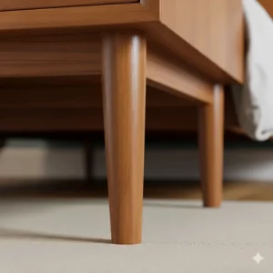 Close-up detail of the iconic tapered legs common to mid-century bedroom furniture sets.