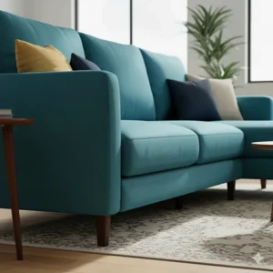 A close-up shot of the plush cushions and sleek legs of a teal sectional sofa.