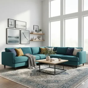 An example of decorating a room with a teal sectional sofa, featuring coordinating decor and accessories.