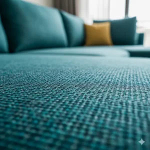 Detailed texture of the upholstery on a teal sectional sofa, showing the high-quality fabric weave.