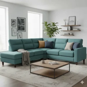 A large teal sectional sofa with a built-in chaise lounge, perfect for relaxing and lounging.