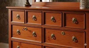 A detailed shot of a traditional-style cherry wood dresser with brass hardware, showcasing the natural grain and luster of the wood.