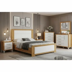 A unique bedroom set showing a combination of light wood and white finishes, creating a modern, two-tone aesthetic.