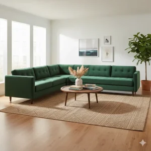 Luxurious U-shaped modular sectional sofa in a deep green velvet, providing ample seating for a large family room in the mid-century modern style.