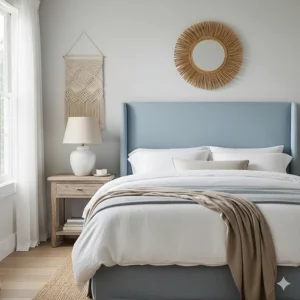 A bed with an upholstered, light blue linen headboard, a key piece of furniture for a relaxed coastal bedroom aesthetic.