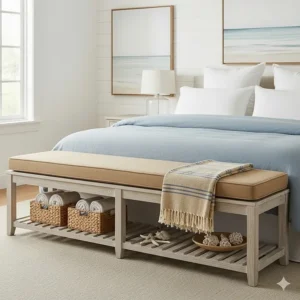 A long upholstered storage bench with a sand-colored cushion placed at the foot of a bed, ideal for adding functional coastal furniture to a bedroom.