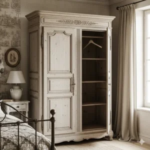 Tall, antique-style armoire ideal for storing clothes in a French country bedroom, showcasing classic provincial design and muted tones.
