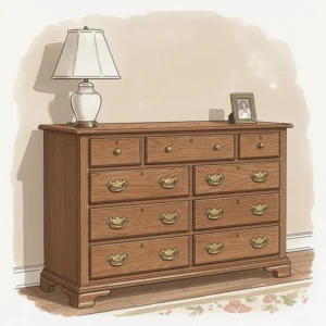 A large vintage oak dresser with brass hardware, perfect for a classic bedroom aesthetic.