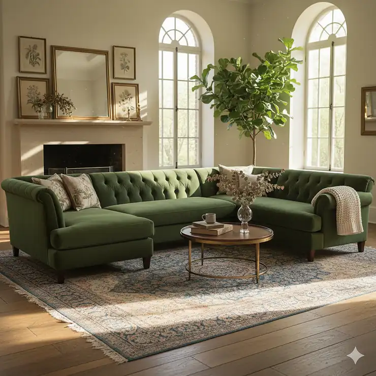 Vintage sectional sofa with plush velvet upholstery and mid-century modern design placed in a sunlit living room.