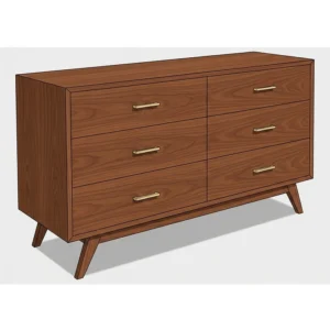 Six-drawer walnut mid-century dresser with signature minimalist brass drawer pulls.