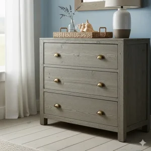 A weathered gray wood dresser with brass pulls, a classic example of a rustic and charming coastal bedroom furniture piece.