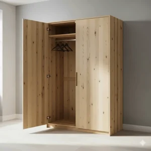 A tall, two-door white oak wardrobe with a clean and modern design, providing hanging space for clothing.
