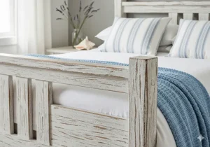 Close-up of a rustic, white-washed bed frame, a key piece of beach bedroom furniture for a light and airy coastal look.