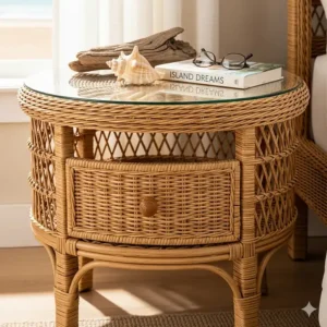 A detailed shot of a round wicker nightstand with a glass top, perfect as tropical beach bedroom furniture storage.