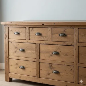 A large wooden farmhouse dresser with multiple drawers and a natural, weathered finish.