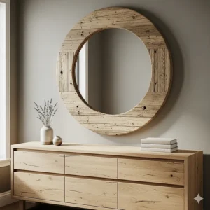 A large, round mirror with a thick, distressed wood frame hanging above a simple dresser, enhancing the natural feel of modern rustic decor.