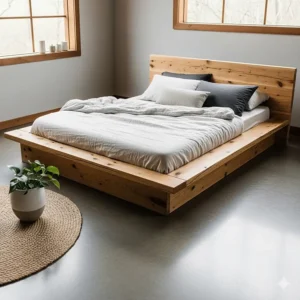 A sleek, low-profile wooden platform bed with a raw, natural finish, perfect for a modern rustic aesthetic.