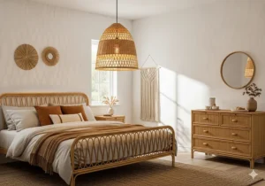 A gorgeous woven rattan pendant light fixture hanging from the ceiling, adding a natural touch to the rattan bedroom furniture aesthetic.