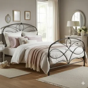Romantic wrought iron bed frame with soft lines, a lovely alternative to wooden French country bedroom furniture.
