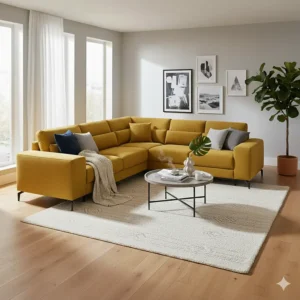A yellow sectional sofa is decorated with blue and gray throw pillows, demonstrating how to accessorize with complementary colors.