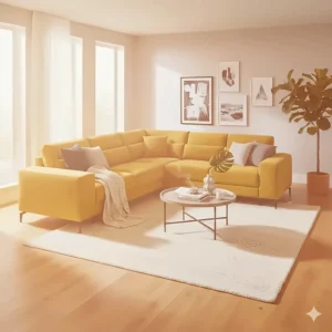 A yellow sectional sofa glows in natural daylight, highlighting its vibrant color and plush cushions.