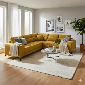 An L-shaped yellow sectional sofa is arranged in a corner to maximize seating in a cozy family room.