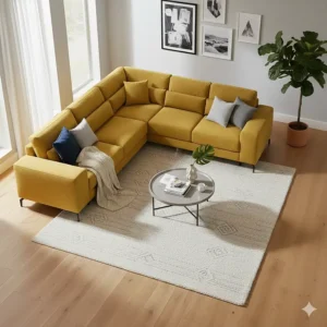 An overhead view of a yellow sectional sofa shows its modular design and how it fits into the room's layout.