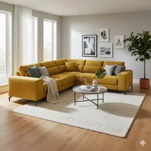 A U-shaped yellow sectional sofa is ideal for large gatherings, providing a comfortable and inviting social area.