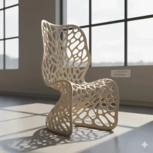 Intricate, uniquely shaped 3D-printed chair design showcasing sustainable materials.