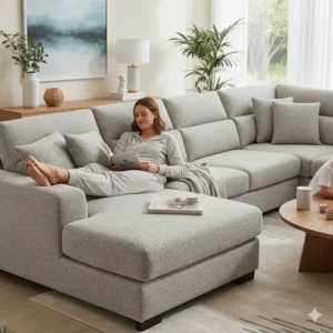 Comfortable 7 seat sectional sofa with a built-in chaise lounge for extended relaxation.