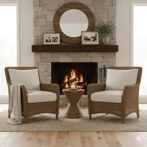 Pair of matching wicker accent chairs next to a fireplace, complementing the main farmhouse living room furniture.