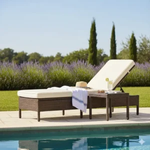 All-weather adjustable resin wicker chaise lounge next to a swimming pool, ready for sunbathing.