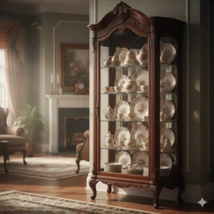 Tall, glass-fronted antique china cabinet displaying collectible ceramics in a formal living room setting.