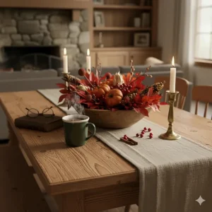 Close-up of an antique pine farmhouse table with a linen runner and seasonal centerpiece decor.