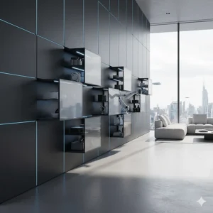 Image of an automated storage system with hidden compartments and kinetic movement in a home.