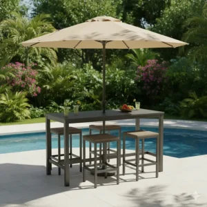 High-top outdoor furniture bar height table featuring a center hole for a patio umbrella for shade.