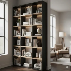 Tall, open black bookshelves filled with books and decorative items, adding vertical interest to the room.