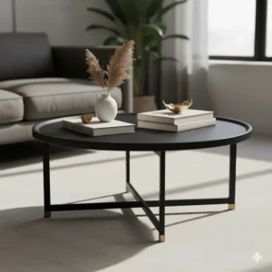 A minimalist, round black coffee table with gold accents, perfectly styled for a chic living space.